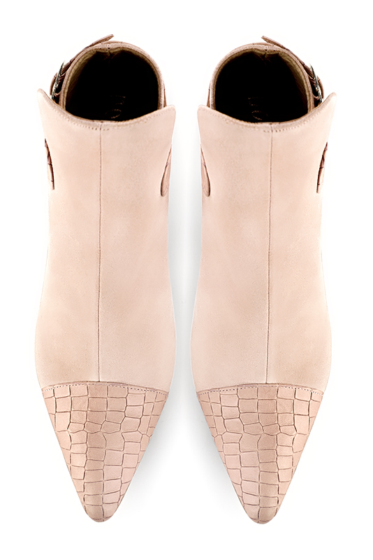 Powder pink women's ankle boots with buckles at the back. Tapered toe. Medium block heels. Top view - Florence KOOIJMAN